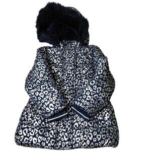 Members Mark Toddler Puffer Jacket 3T Navy Leopard Print Faux Fur Hood Winter